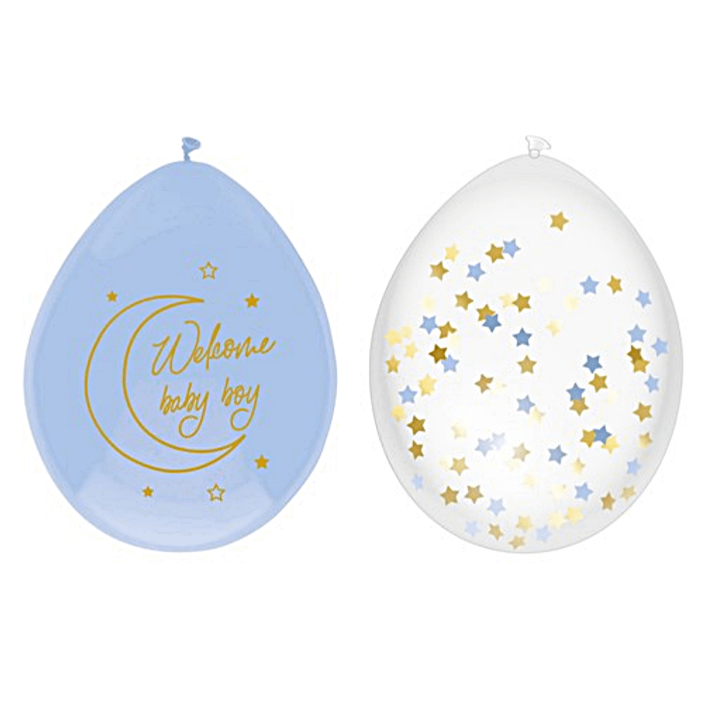 Blauwe ballon en transparante confetti ballonnen met sterretjes confetti in het goud en blauw