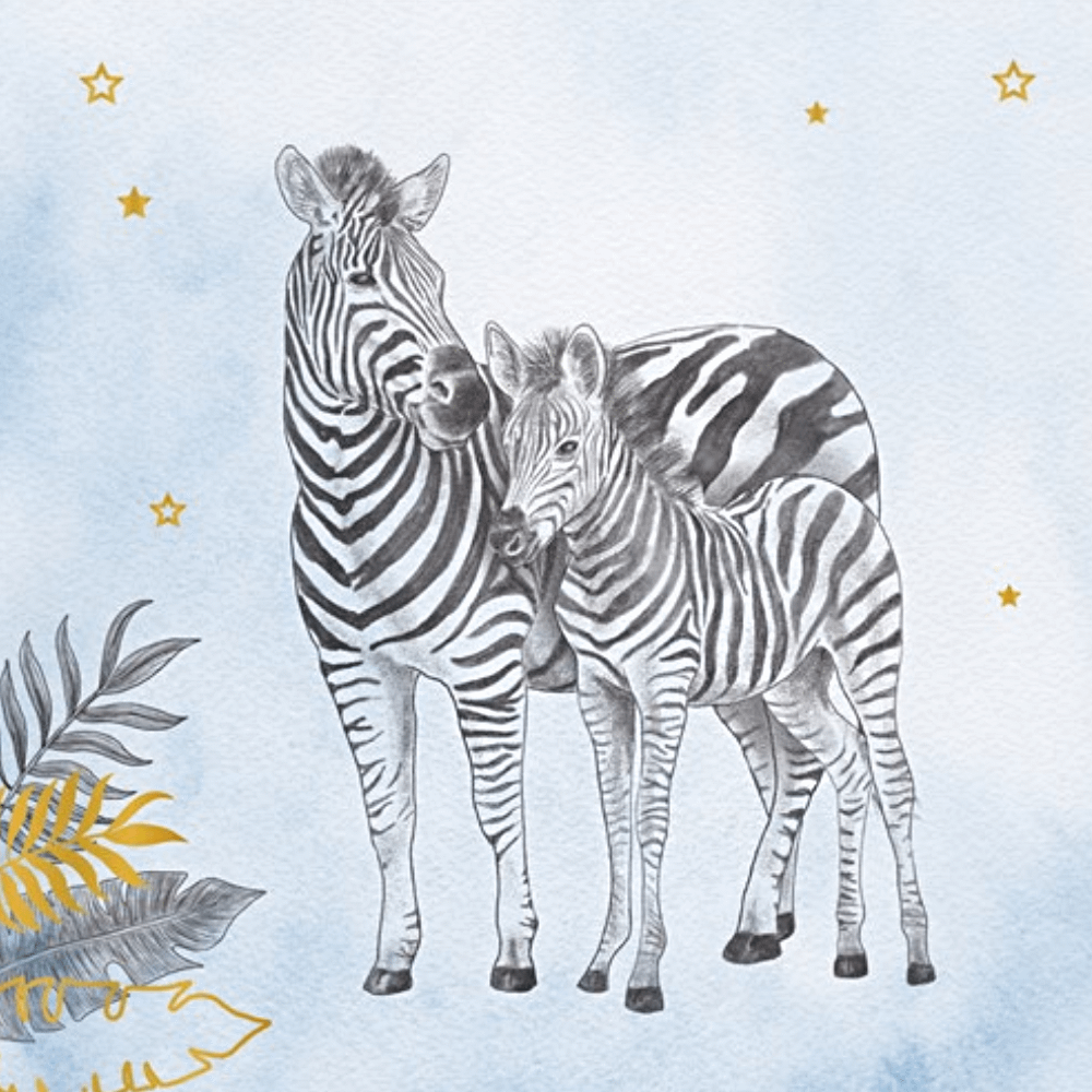 Blauwe servetten met zebra's en gouden en zwarte palmbladeren