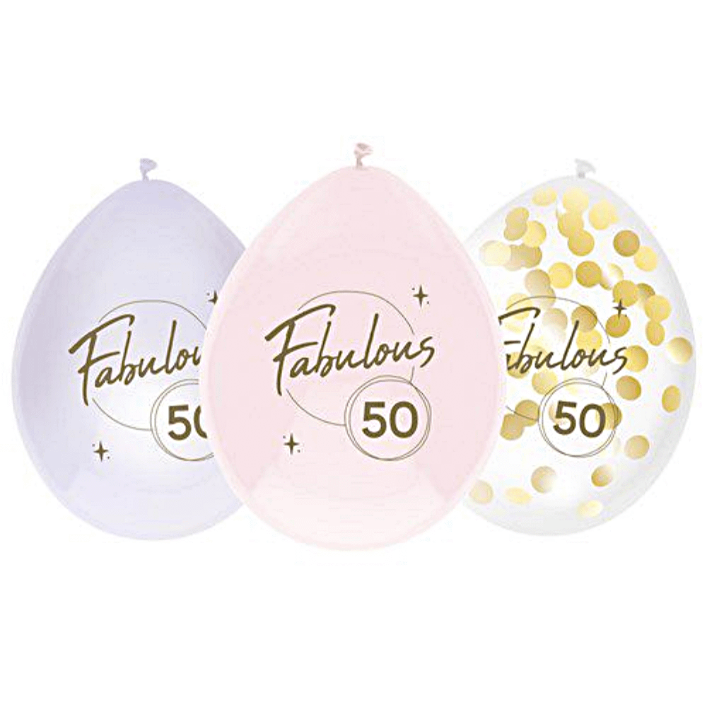Ballonnen in het lila en licht roze met gouden confetti en de tekst fabulous 50