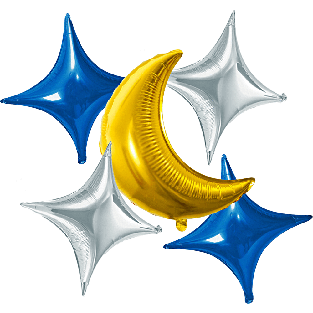 Folie ballonnen in het zilver, goud en blauw met een halve maan en sterren voor ramadan