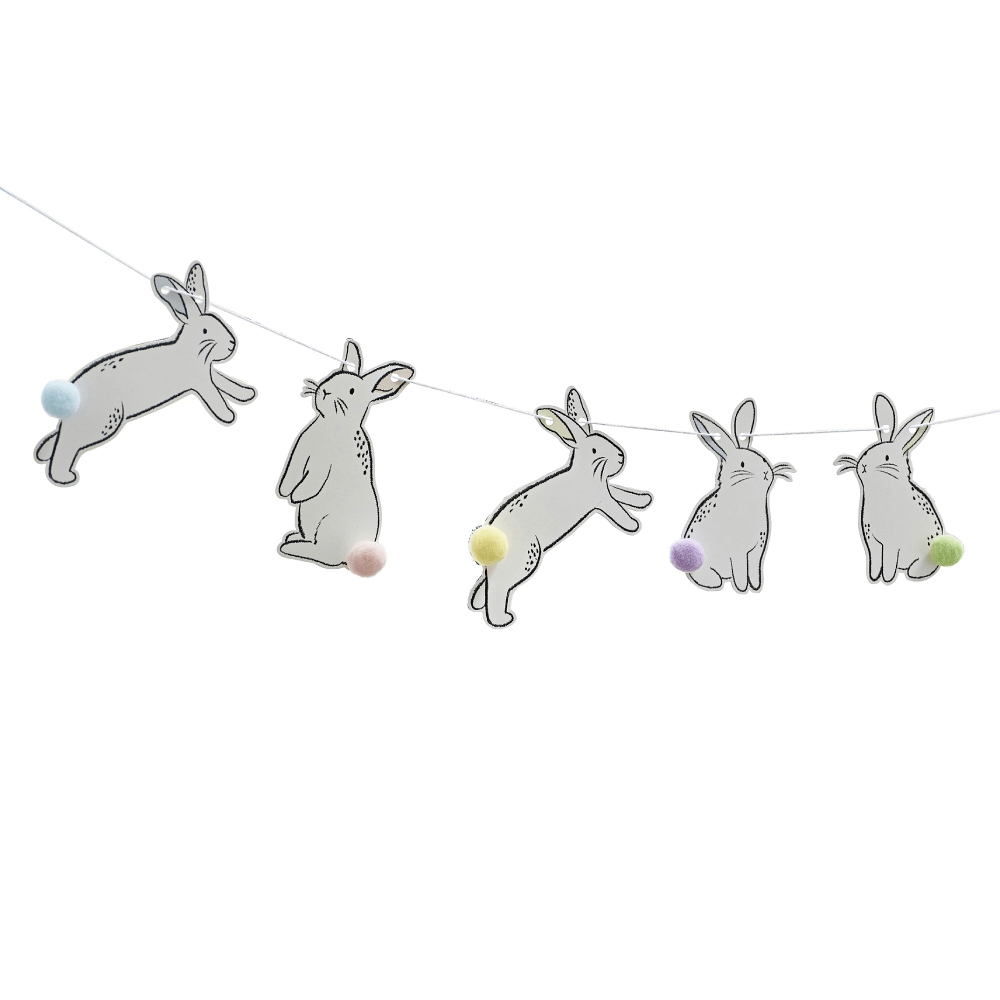 Slinger met konijntjes met pom pom staarten in verschillende kleuren, zoals blauw en geel