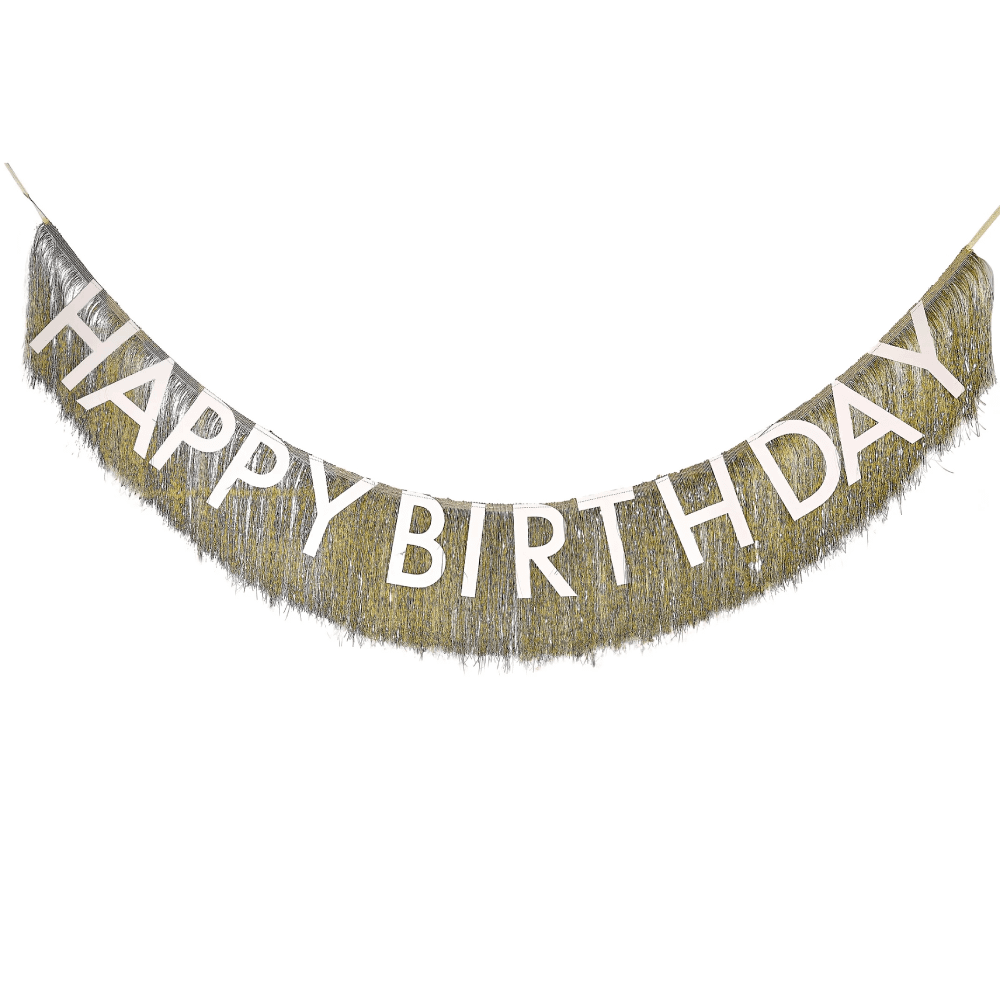 Gouden tassel slinger met de nude tekst happy birthday