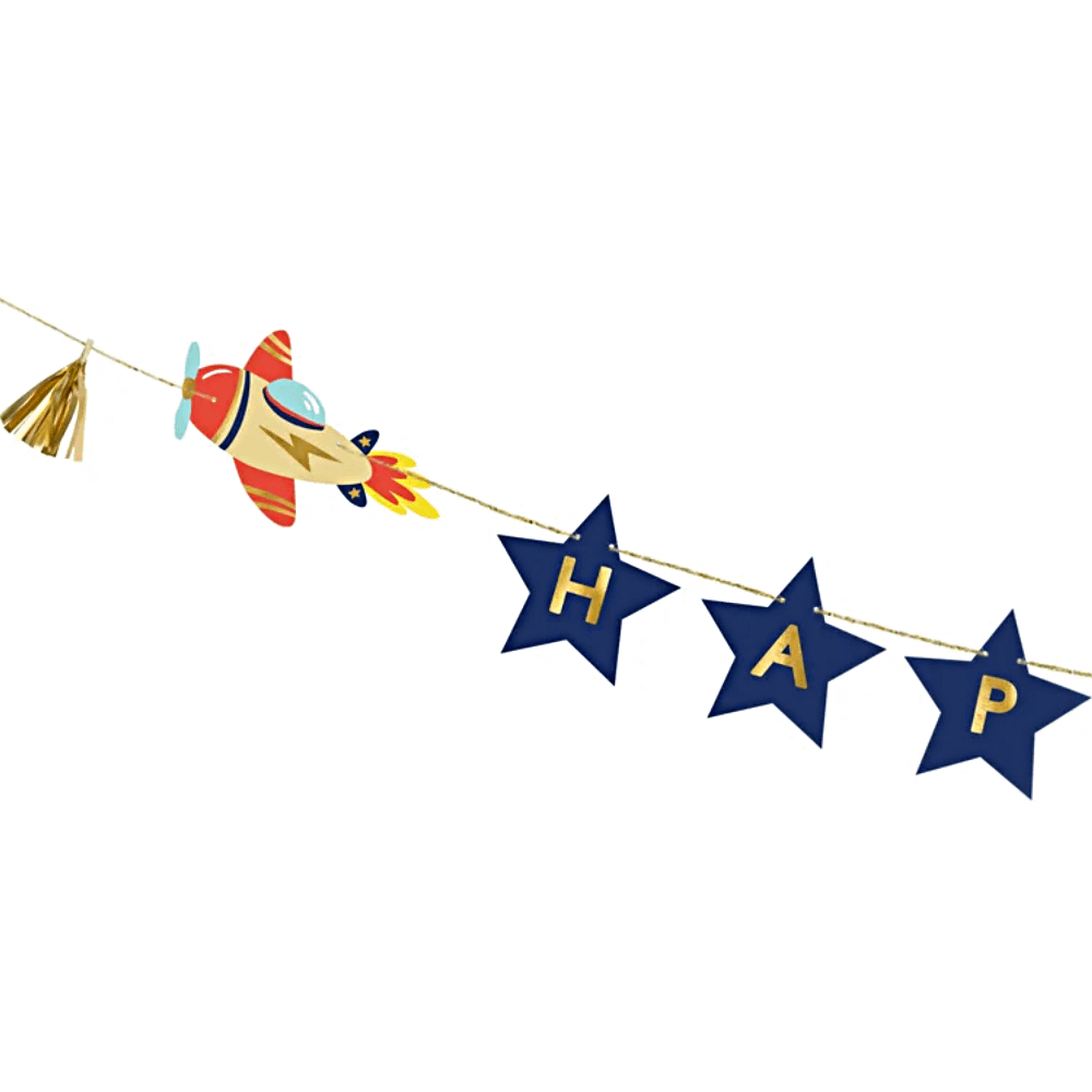 Donkerblauwe sterren slinger met de gouden tekst happy birthday en vliegtuigjes en gouden tassels