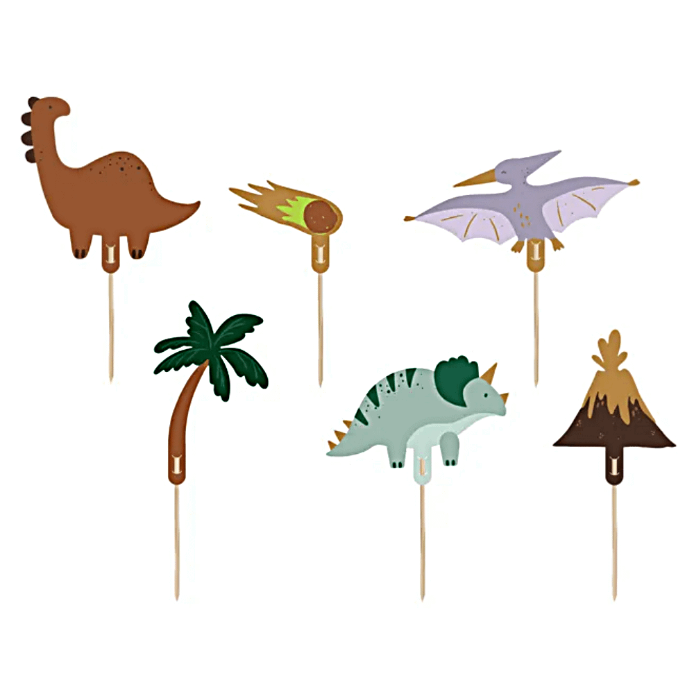 Cupcake versiering met dino's, een meteoriet, een vulkaan en een palmboom