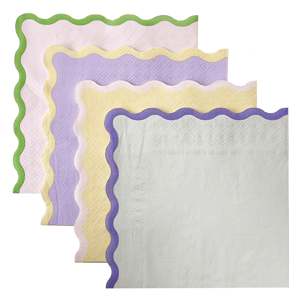 Pastel servetten met golvende rand en verschillende kleuren zoals groen, lila, geel en roze