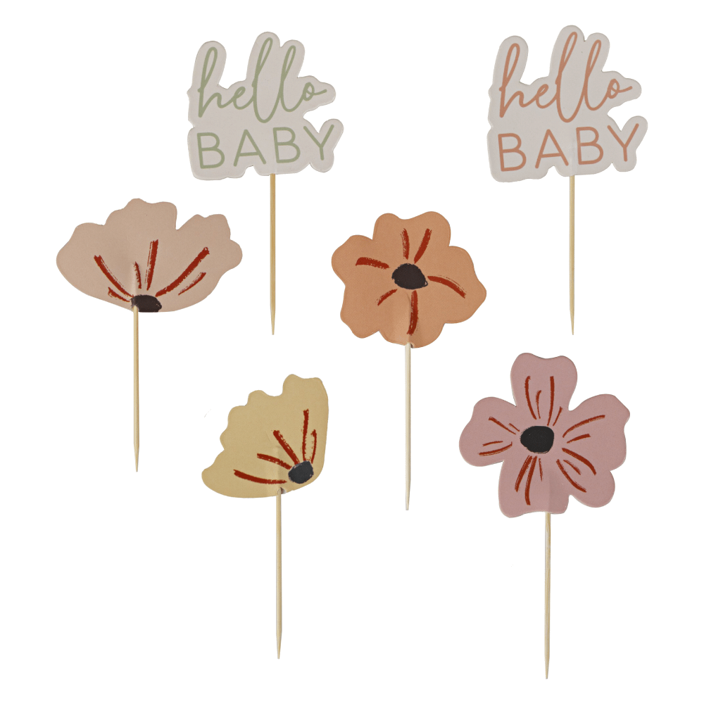 Cupcake toppers met bloemen en de saliegroene en perzikkleurige tekst hello baby