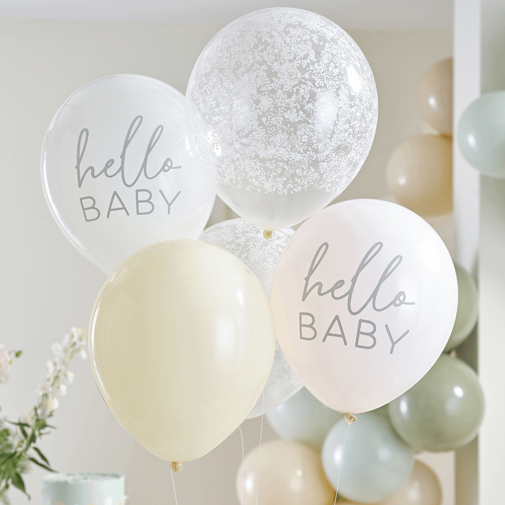 Ballonnen bundel in pastel tinten en met bloemen met de tekst hello baby