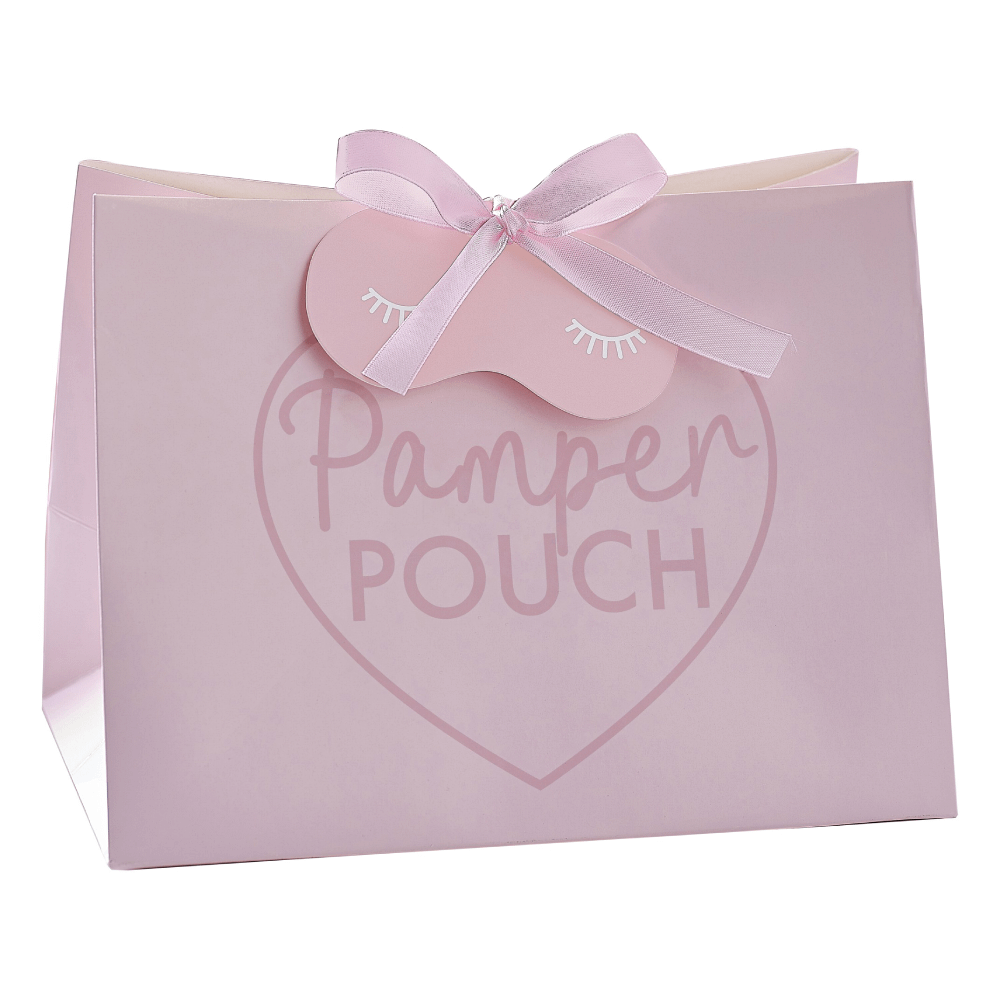Roze cadeautasje met de tekst pamper pouch en roze lint
