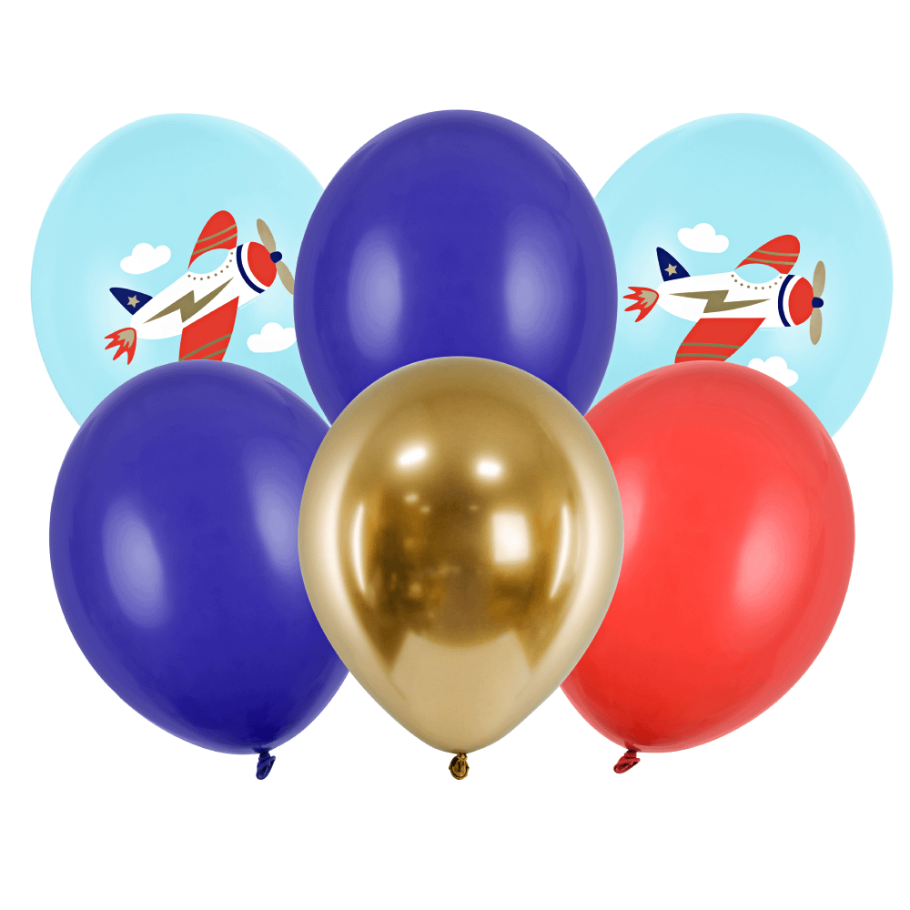 Ballonnen set vliegtuig in het goud, rood en blauw