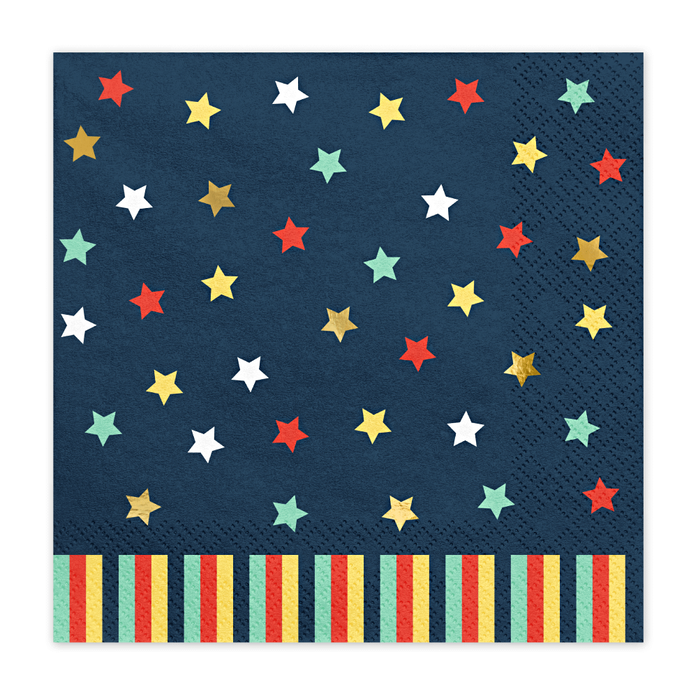 Donkerblauwe servetten met sterren in het rood, goud en licht blauw