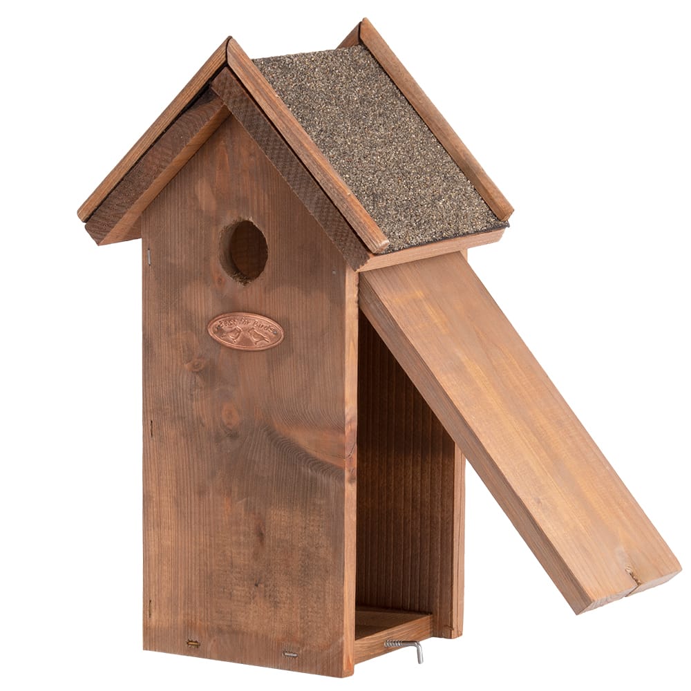houten vogel huis met bitumen dak met open zijkant