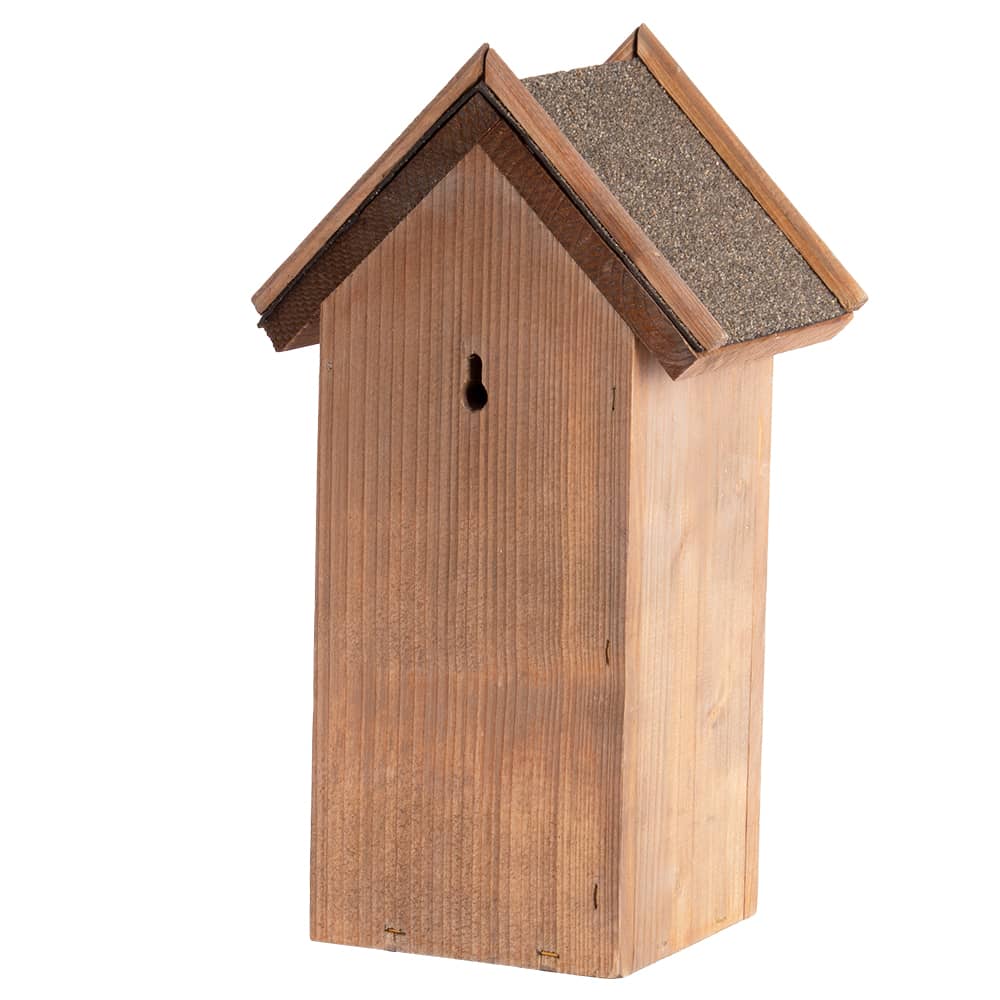 achterkant houten vogel huis met bitumen dak