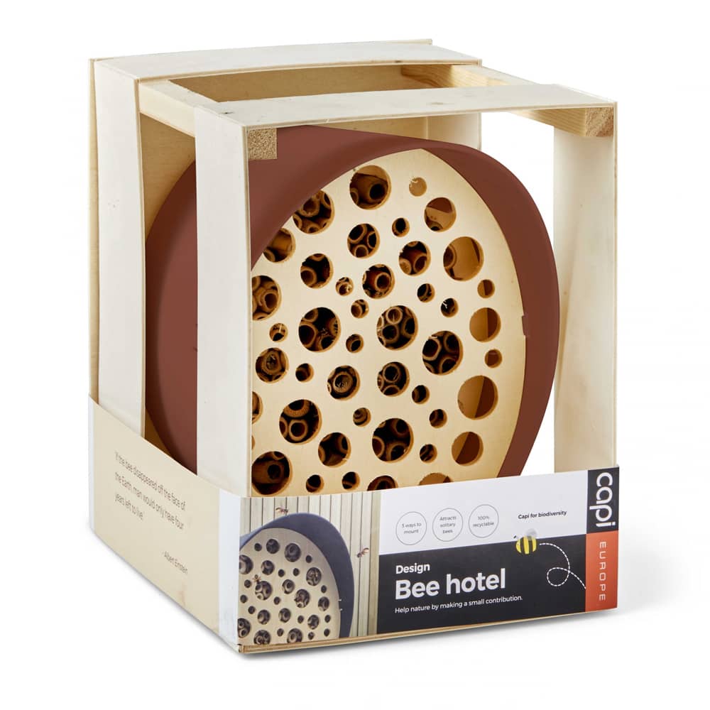 bijenhuis van bruin kunststof in houten kistje