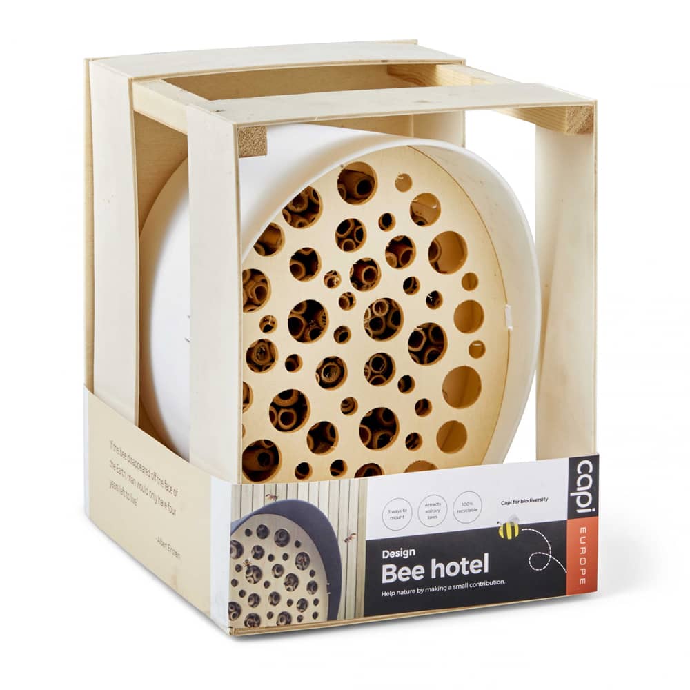 bijenhuis van wit kunststof in houten kistje