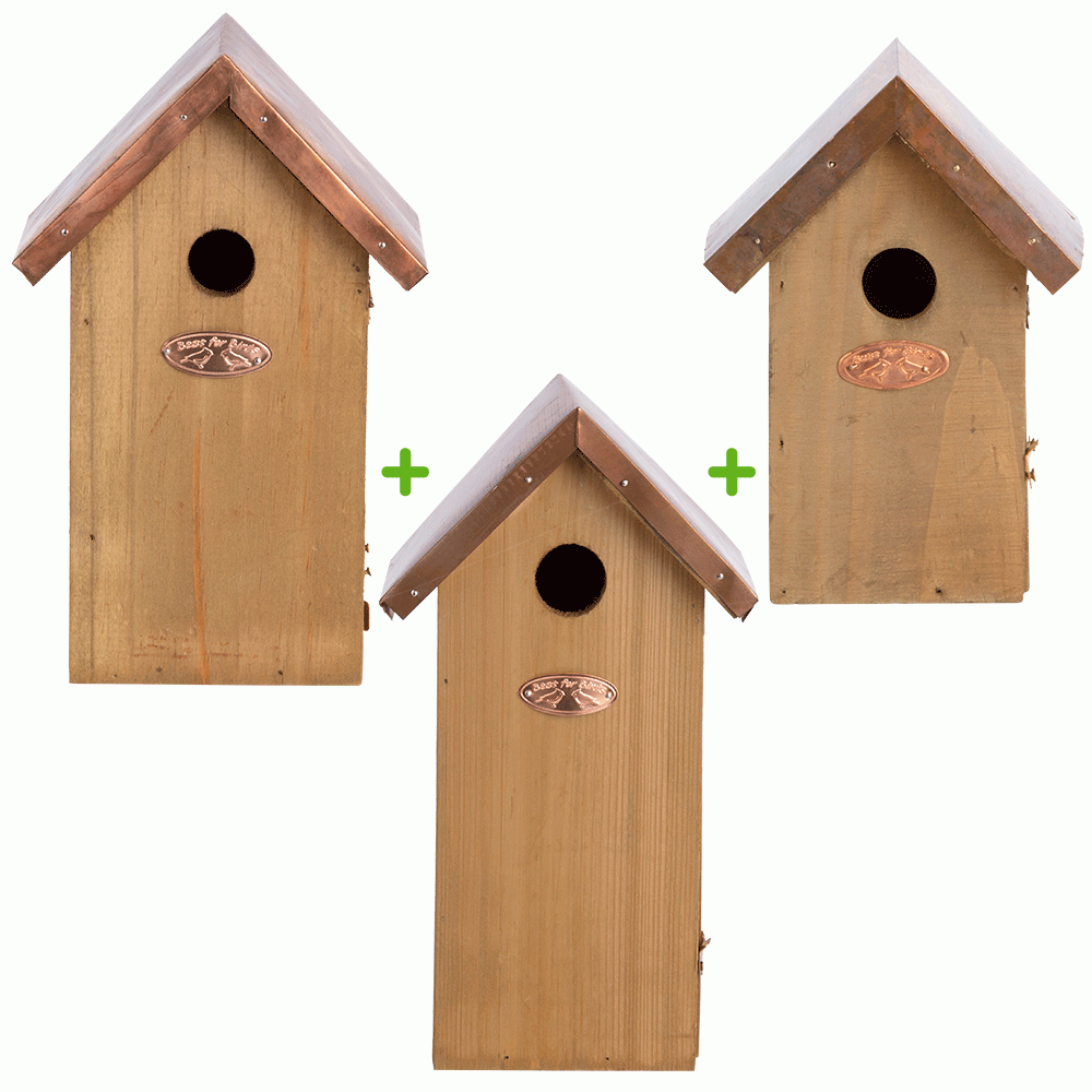 drie vogelhuisjes met koperen dakje en verschillende afmetingen