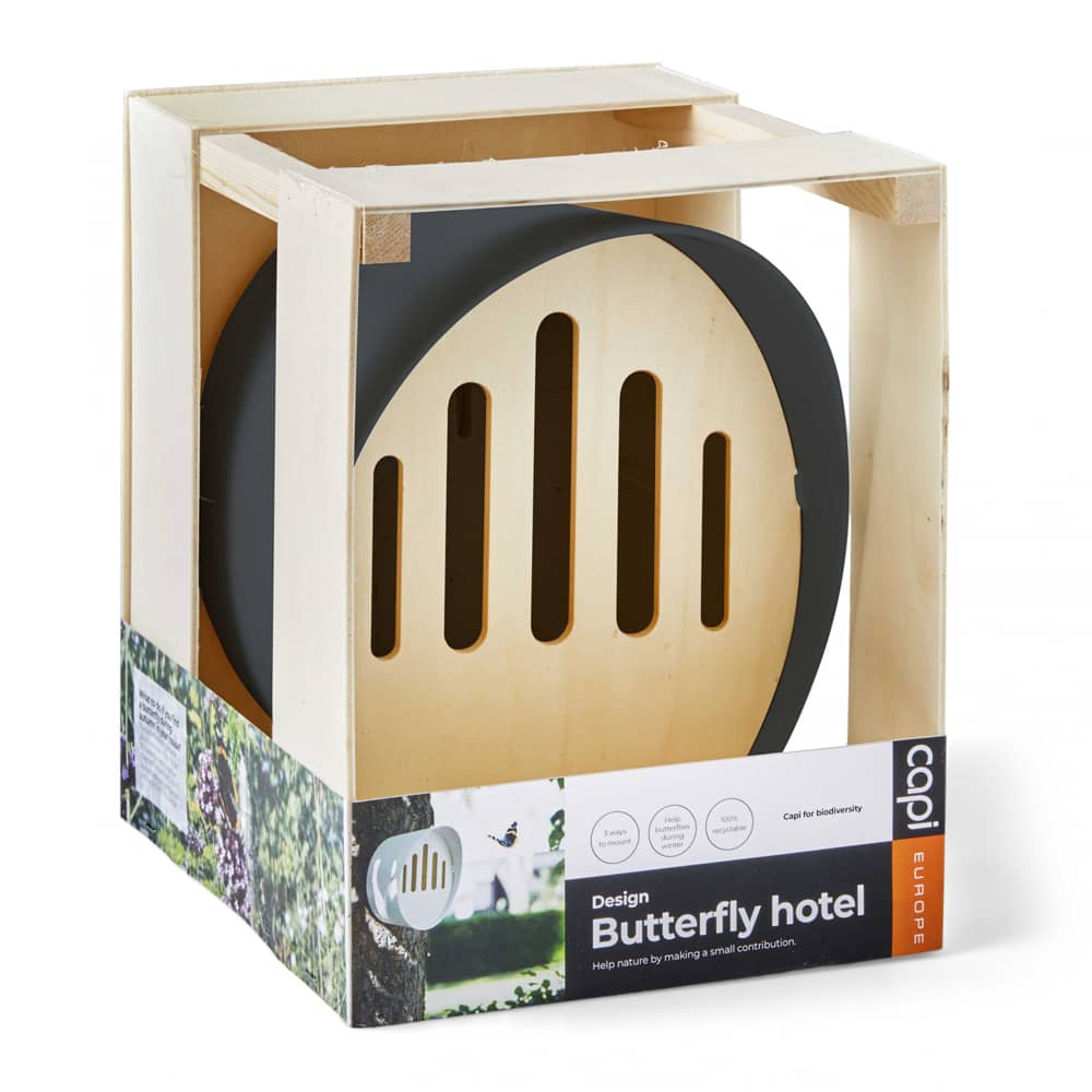 vlinderkast van antraciet kunststof in houten kistje