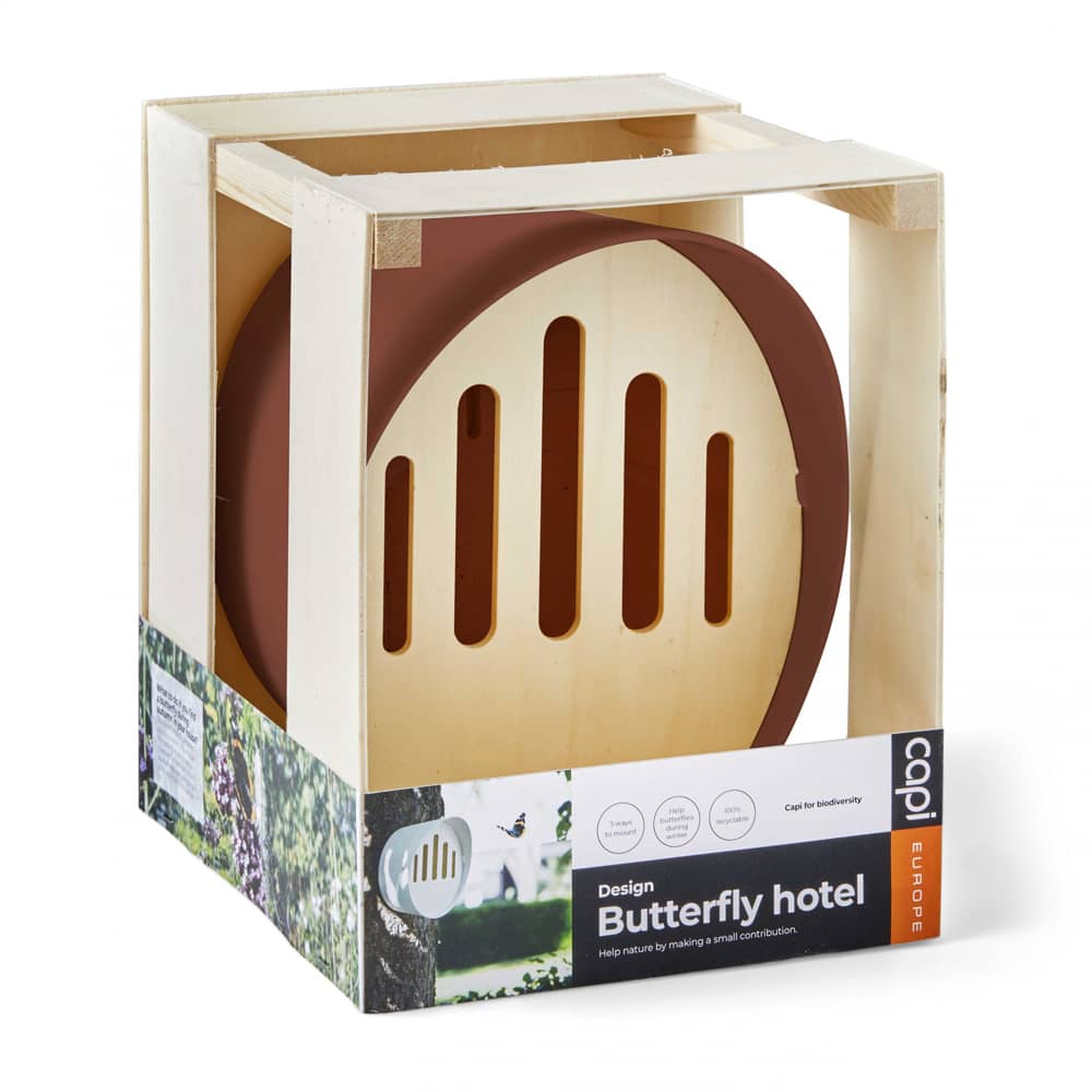 vlinderkast van bruin kunststof in houten kistje