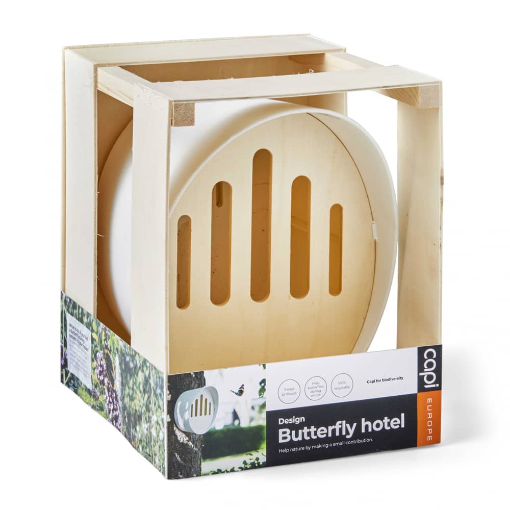 vlinderkast van wit kunststof in houten kistje