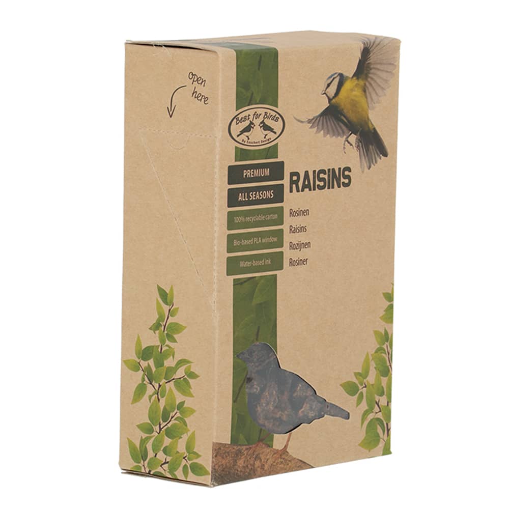 Kartonnen doosje met rozijnen voor vogels zijaanzicht