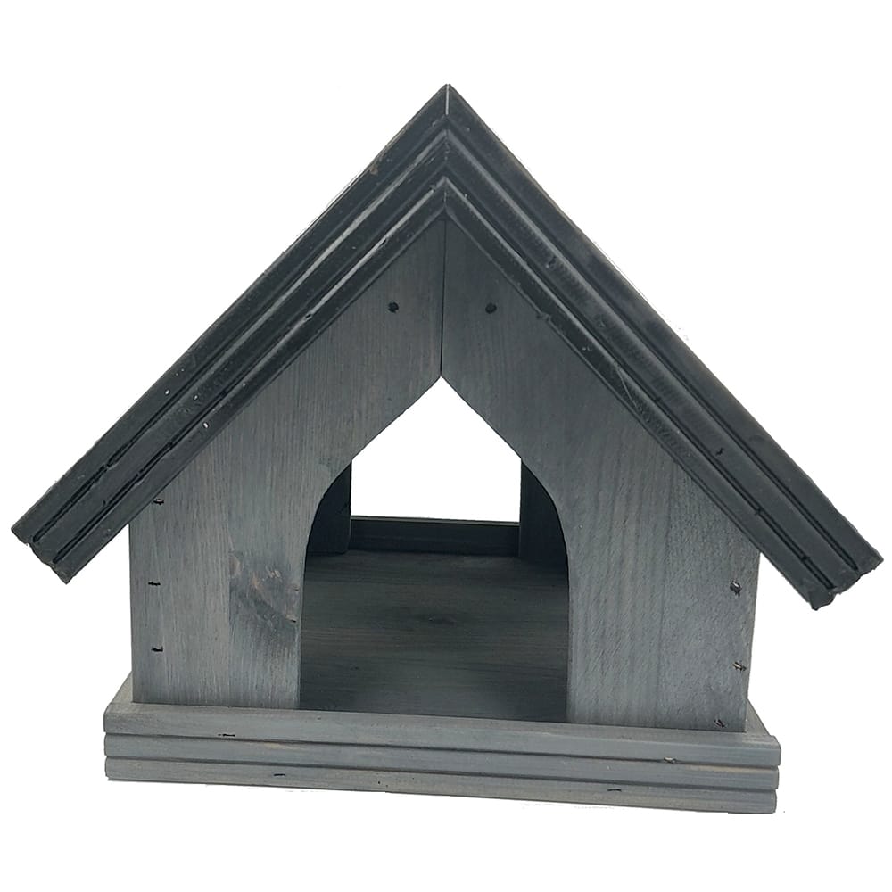 grijs voederhuisje in de vorm van kapel