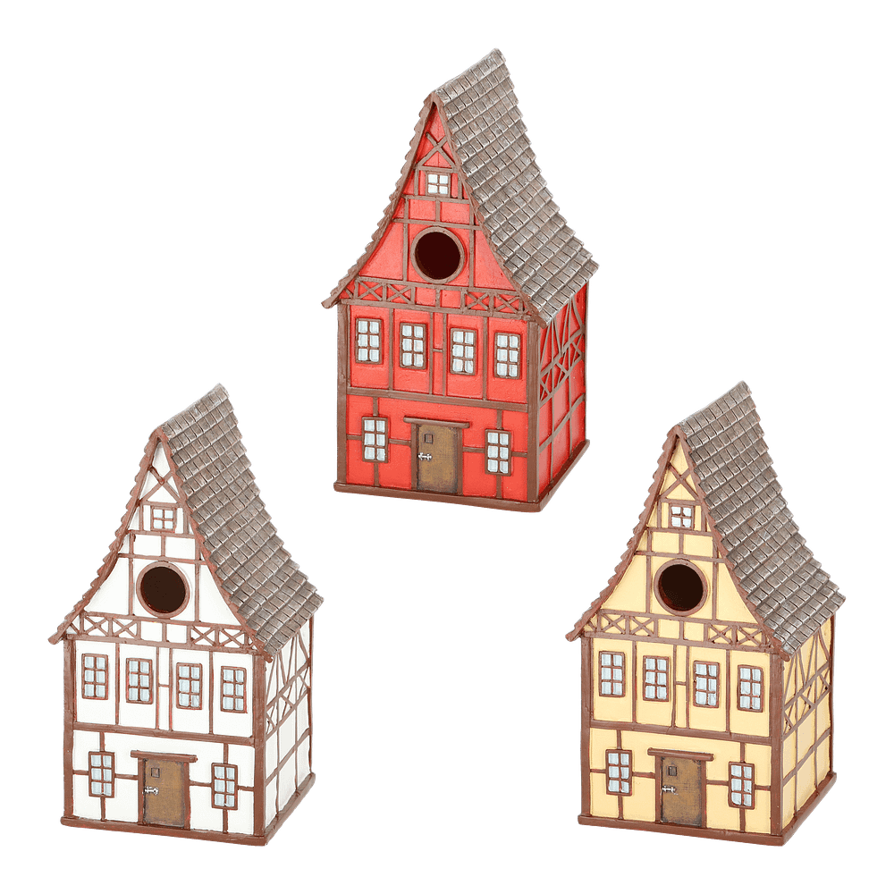 drie huisjes voor vogels in vakwerkhuis stijl in diverse kleuren