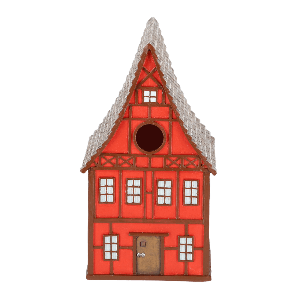Rood huisje voor vogels in de stijl van een Duits vakwerkhuis voorkant