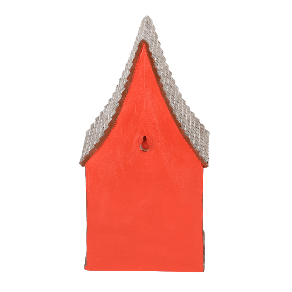 Rood huisje voor vogels in de stijl van een Duits vakwerkhuis achterkant