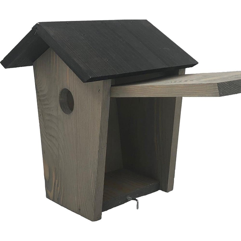 grijs houten vogel huisje met zwart dakje en geopende zijkant