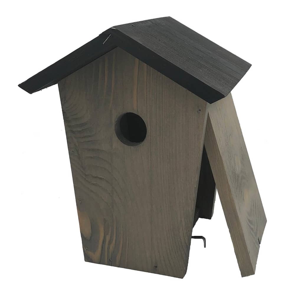 grijs houten vogel huisje met zwart dakje en geopende zijkant