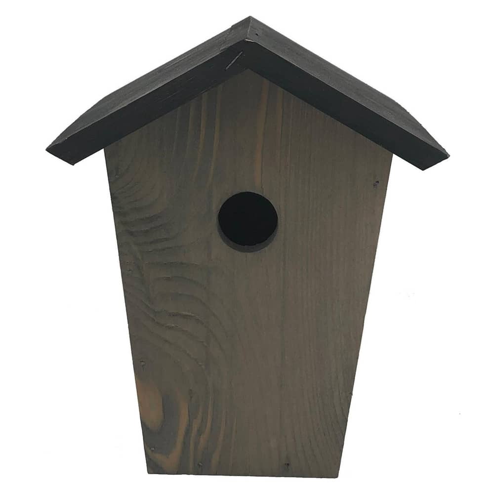 grijs houten vogel huisje met zwart dakje