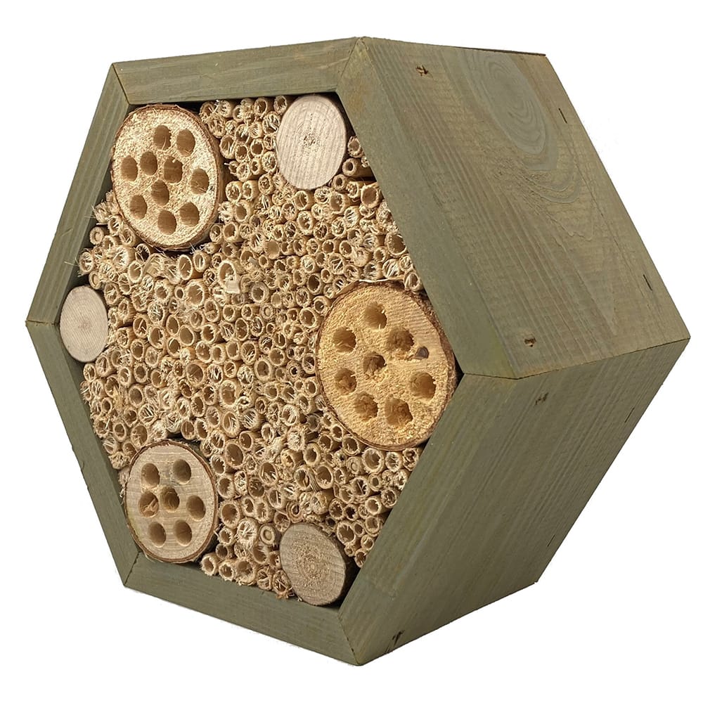 voorkant van een huisje voor bijen in de vorm van een hexagon