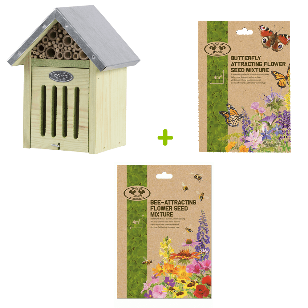 huisje voor insecten zoals vlinders met zinken dak en twee soorten bloemzaden voor insecten