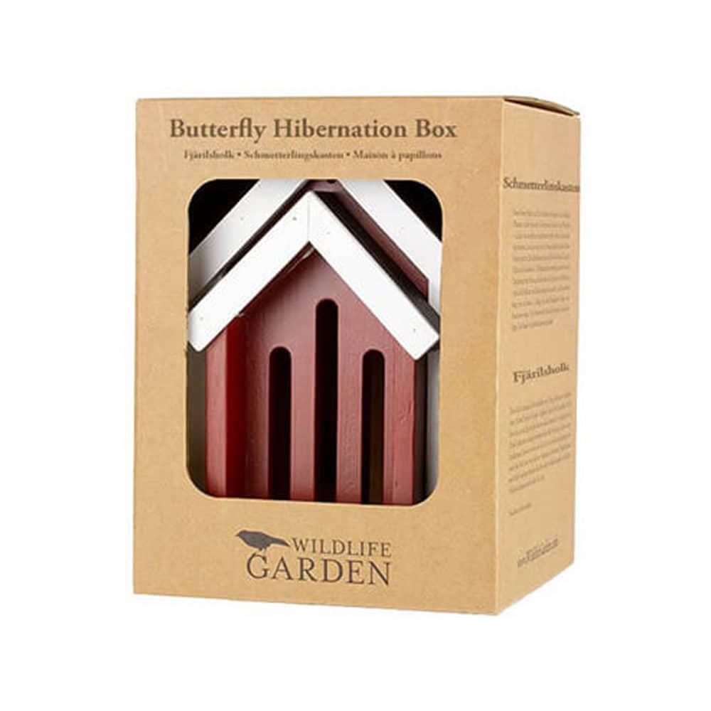 Rood huisje voor vlinders in een doos