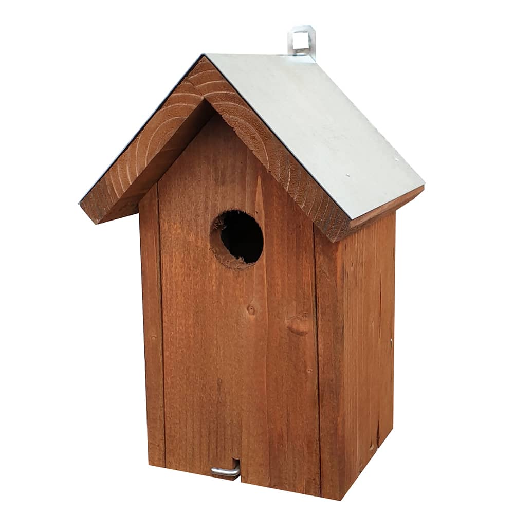 klein huisje voor vogels met puntvormig zinken dak