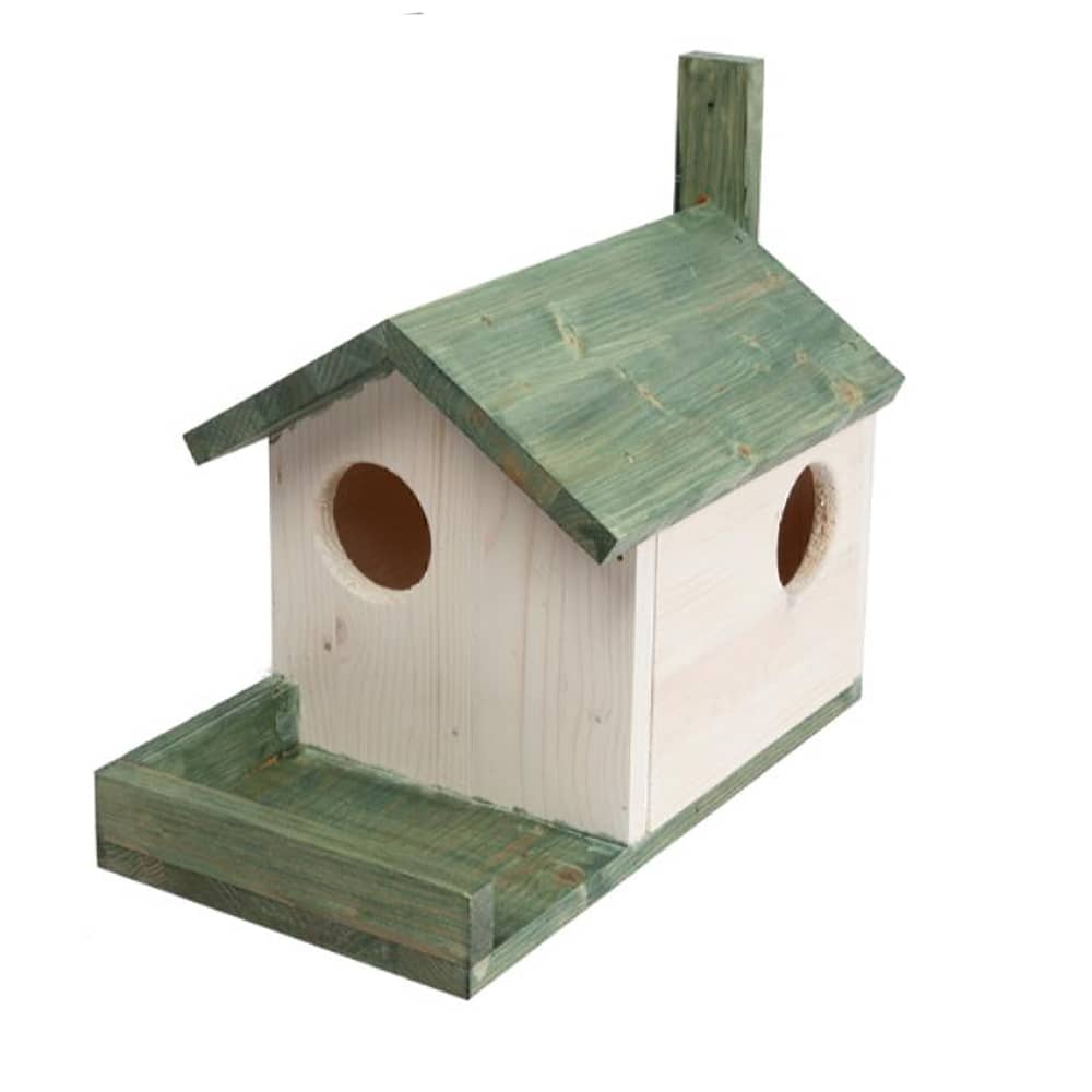 huisje voor eekhoorns met groen dak en plateau