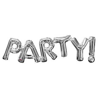 Folieballonnen in de kleur zilver spellen het woord 'party!'