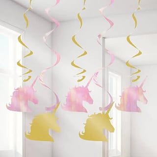 5 swirls met unicorns eraan in het goud en roze