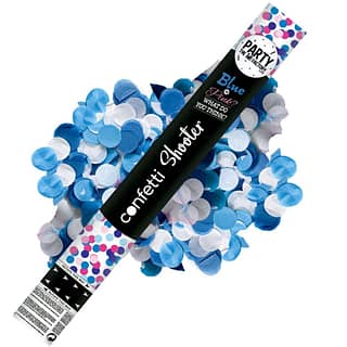 confettishooter bovenop blauwe en witte confetti