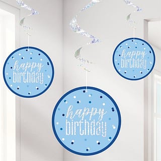 Swirls Happy Birthday Blauw Iridescent - 6 stuks