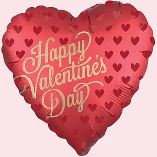 Hartvormige rode folieballon met de tekst 'Happy Valentine's Day' op lichtrode achtergrond