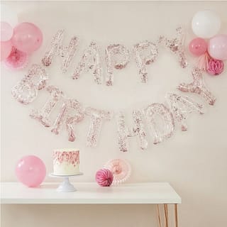 Ballon Banner 'Happy Birthday' - Rosé goud confetti
