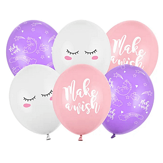 Ballonnen in het wit, paars en roze met eenhoorn thema