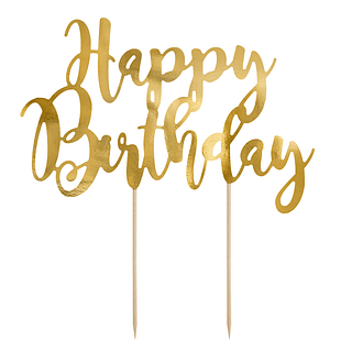 Gouden taart topper met de tekst happy birthday