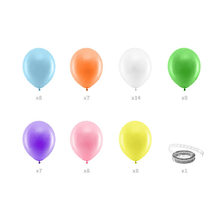 Ballonnen in de kleuren blauw, oranje, groen, wit, roze, paars en geel met een strip ballontape
