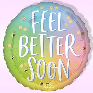 Folieballon met de tekst 'feel better soon' in de kleuren blauw, roze, groen en geel met gouden stippen