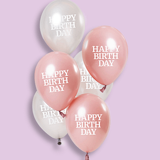 Set ballonnen in het zilver en roze met de tekst happy birthday