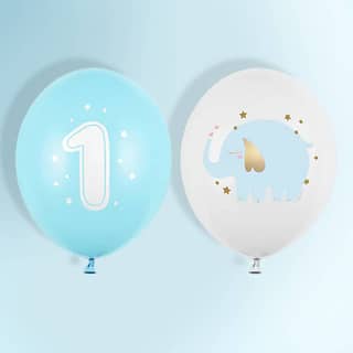 Lichtblauwe en witte ballon met het cijfer 1 en een olifantje