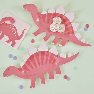 Roze bordjes in de vorm van een Stegosaurus