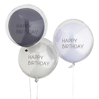 grote ronde ballonen met happy birthday erop in blauwe tinten
