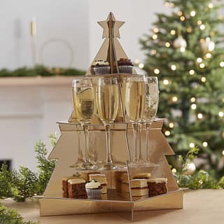 Hapjes & Drankjes Standaard in de vorm van een kerstboom met champagne fluitjes en hapjes